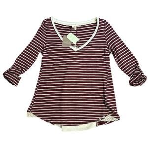 Meadow Rue Cassia Top Anthropologie Striped Lace V-Neck Roll Sleeve Wine Size XS